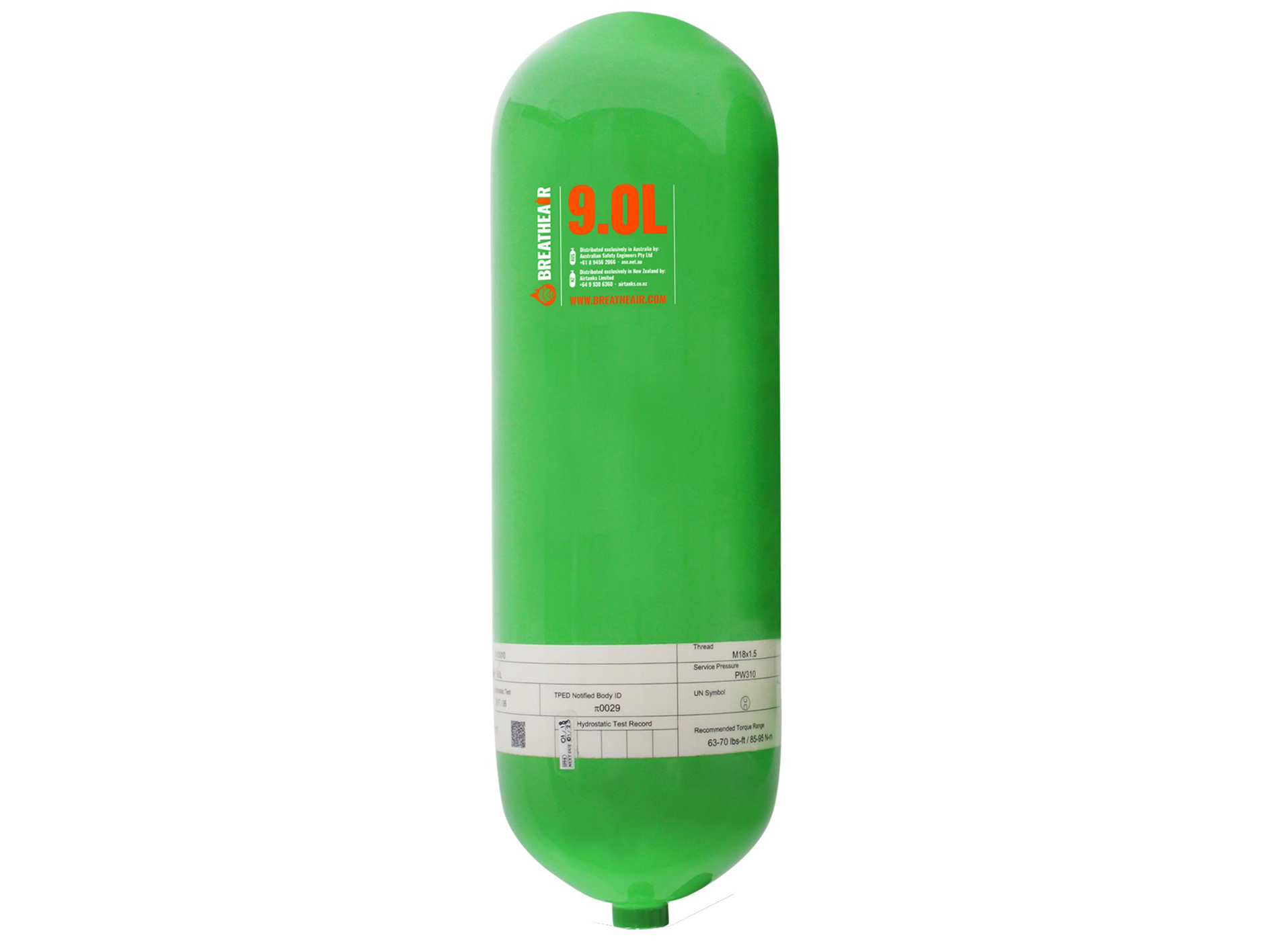 Breatheair 9l Composite Scba 300 Bar Cylinder Green Right Angled Valve With Buffer Breathing 